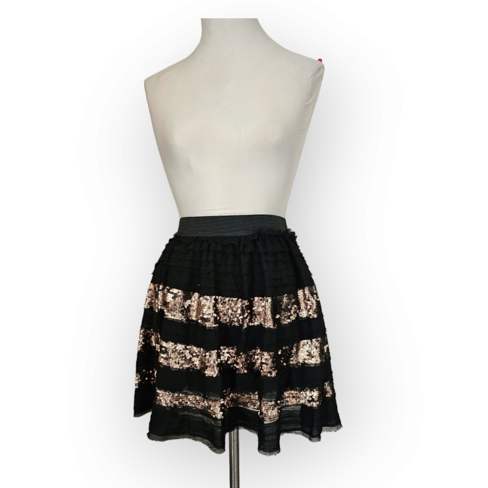 Free People Black Chiffon and Copper Sequin Stripes Mini Skirt Size Medium NWOT